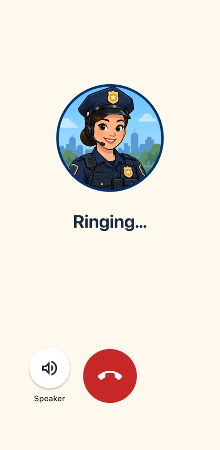 The call screen: the operator's portrait above the word Ringing, with speaker and hang-up buttons.